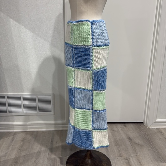 Handmade Knit Crochet Blue Green and White Skirt - Picture 4 of 10